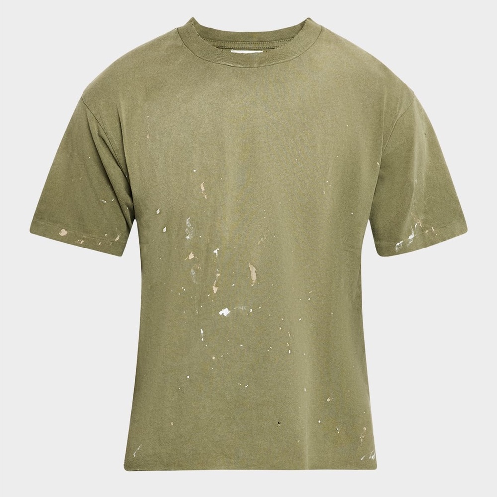John Elliott Odeon Splatter Distressed Cotton T-Shirt Olive Green Size 4 XL